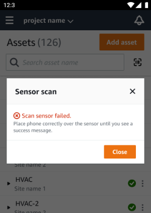 Error message indicating sensor scan failure, with instructions to reposition phone.