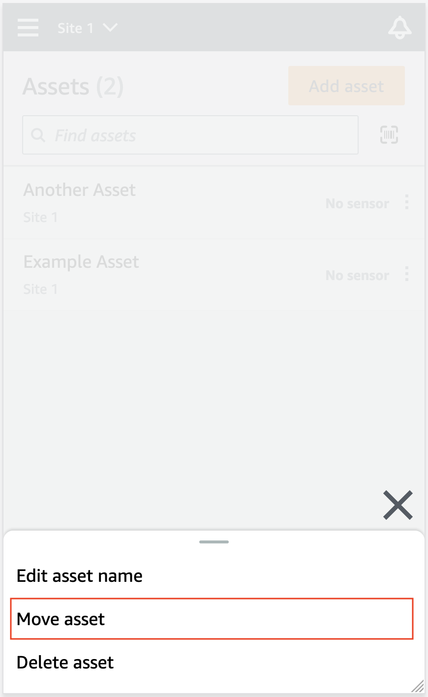 Asset details menu with options to edit name, move, or delete the asset.