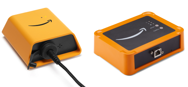 Two orange Amazon devices: one with a cable attached and one showing ports and indicators.