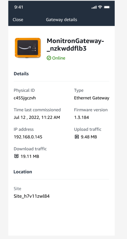 Gateway details page showing device status, specifications, and network information.