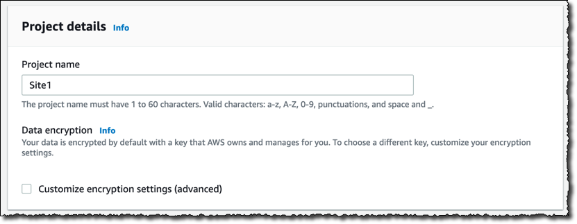 Project details form with project name field and data encryption information.