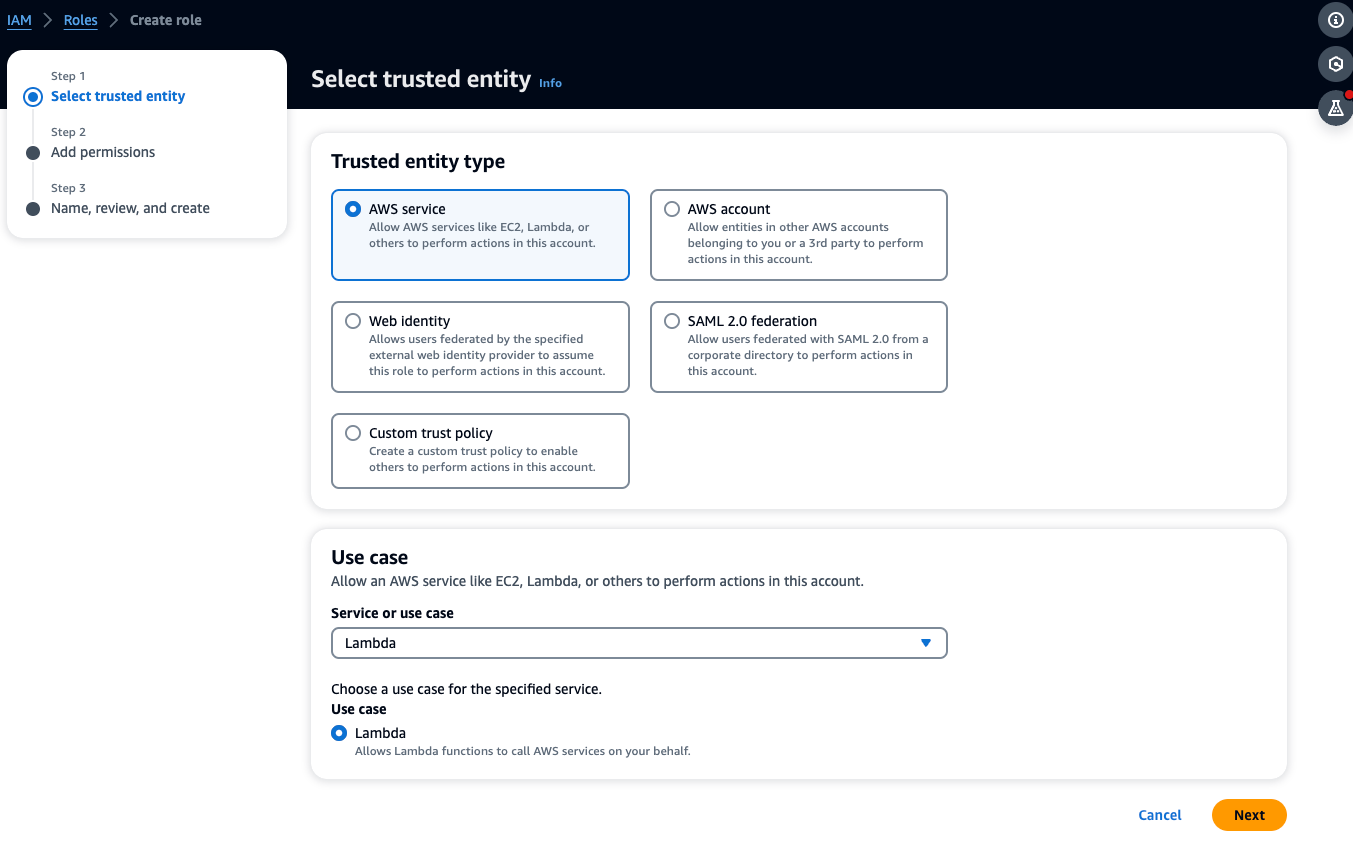 IAM role creation interface showing trusted entity selection with AWS -Service option chosen.