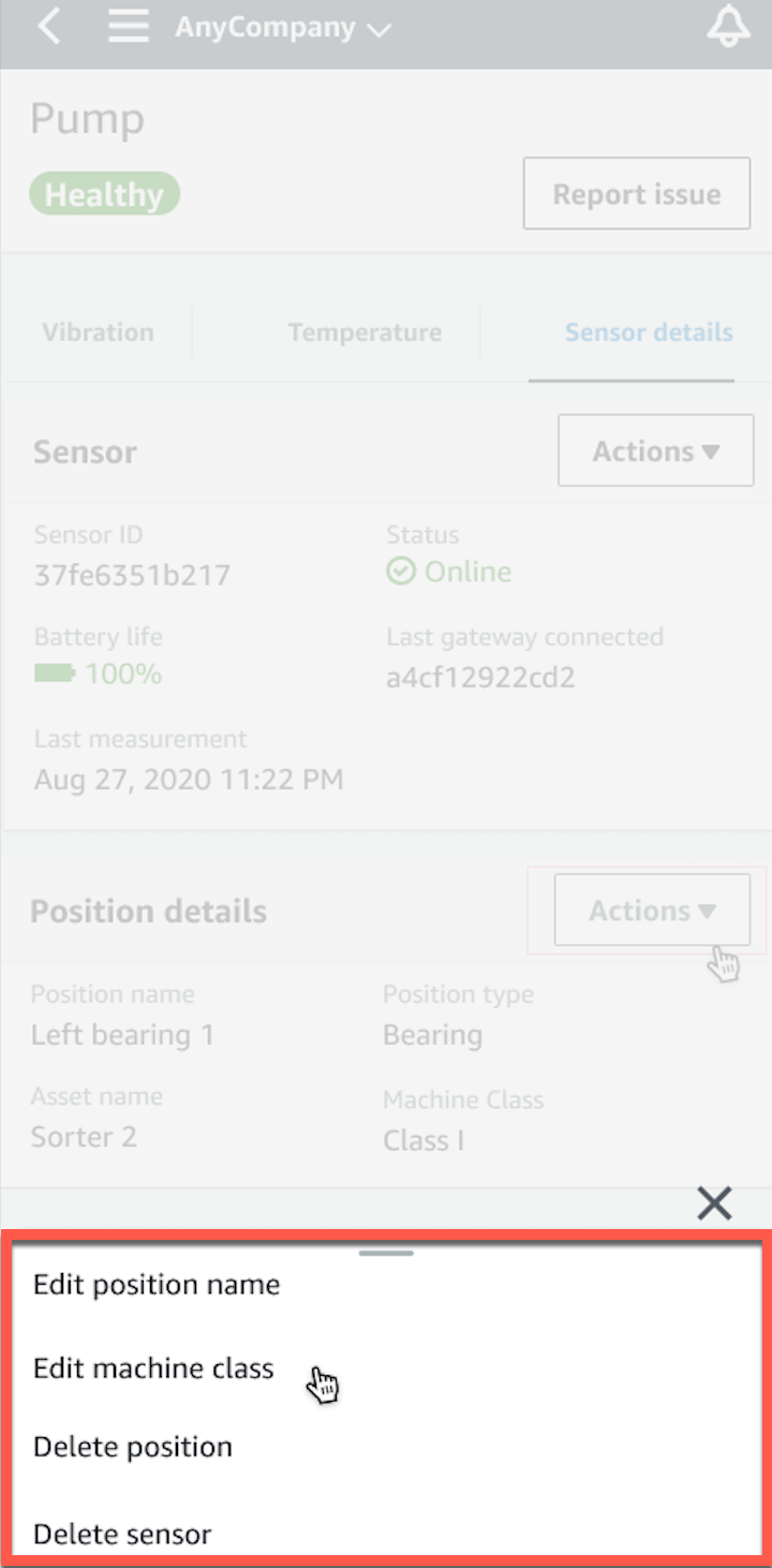 Dropdown menu showing options to edit position name, edit machine class, delete position, and delete sensor.