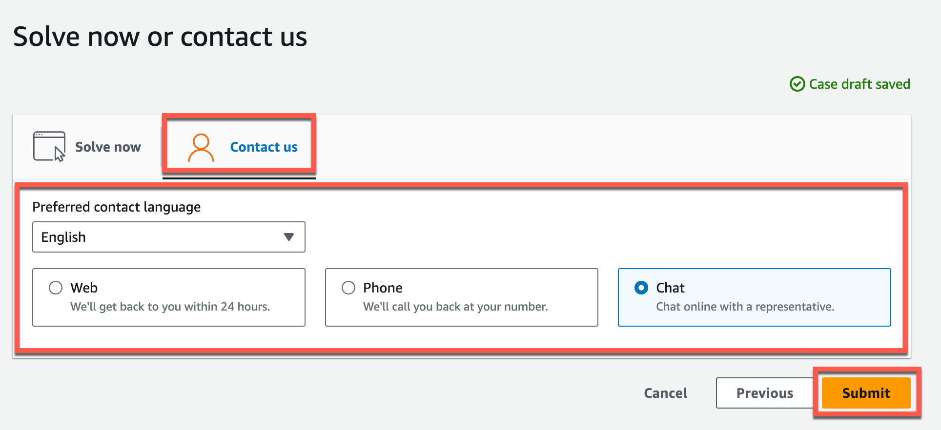 Contact options with language selection and choices for Web, Phone, or Chat communication.