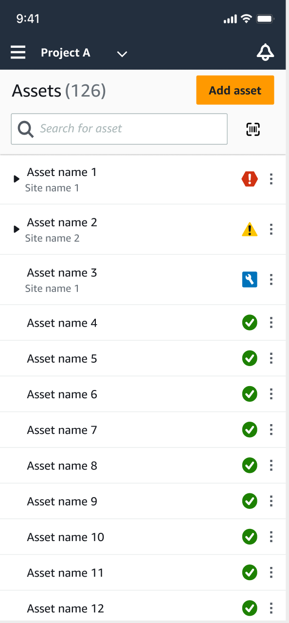 Asset management interface showing a list of 12 assets with status icons and an "Add asset" button.