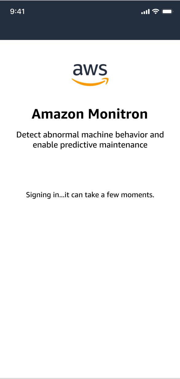 AWS logo and Amazon Monitron sign-in screen for detecting abnormal machine behavior.