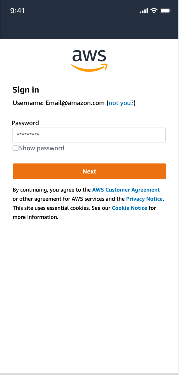 AWS sign-in page with username field, password input, and Next button.