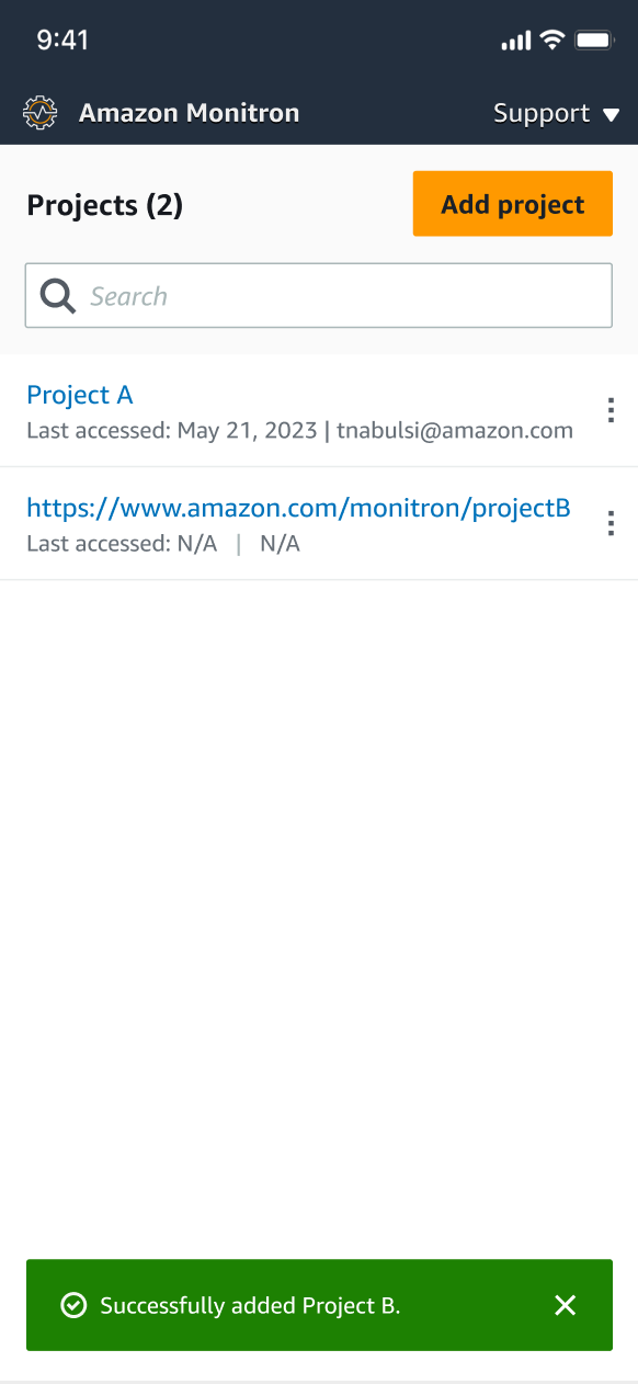 Amazon Monitron projects page showing two projects and a success message for adding Project B.