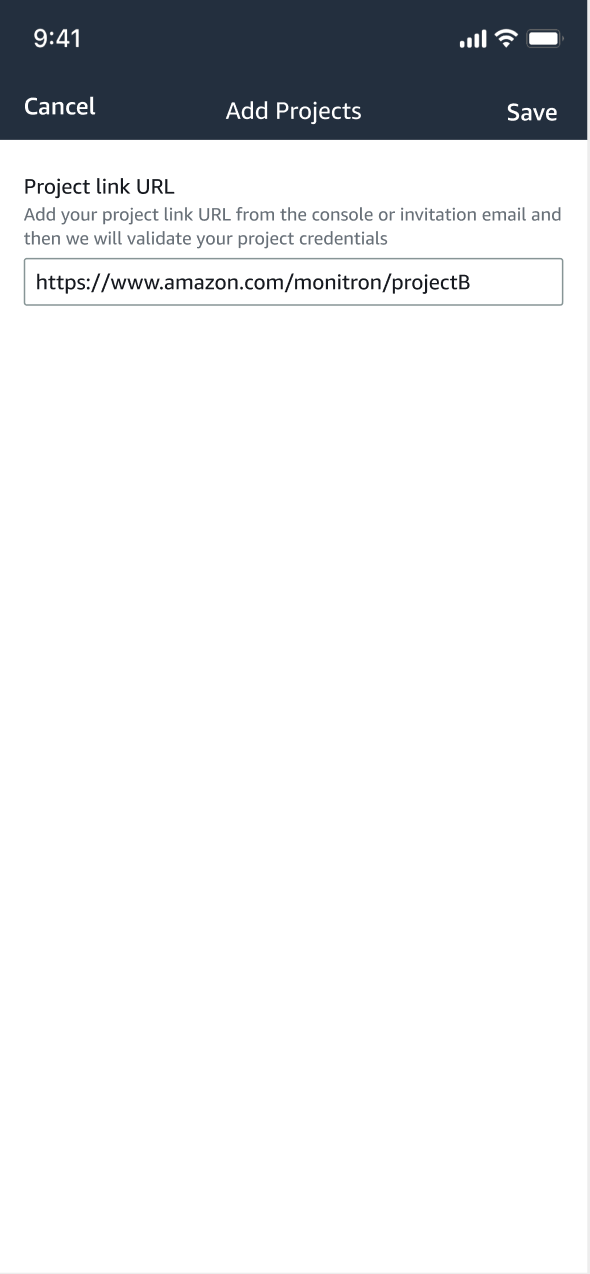 Add Projects screen with a text field for entering a project link URL from Amazon.