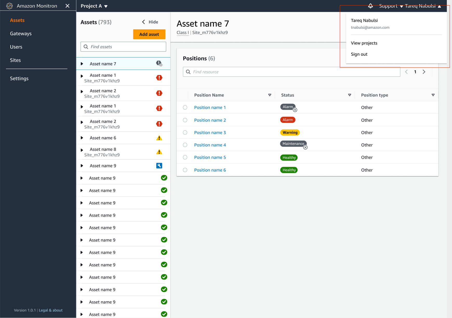 Amazon Monitron interface showing asset list, positions, and user account options.