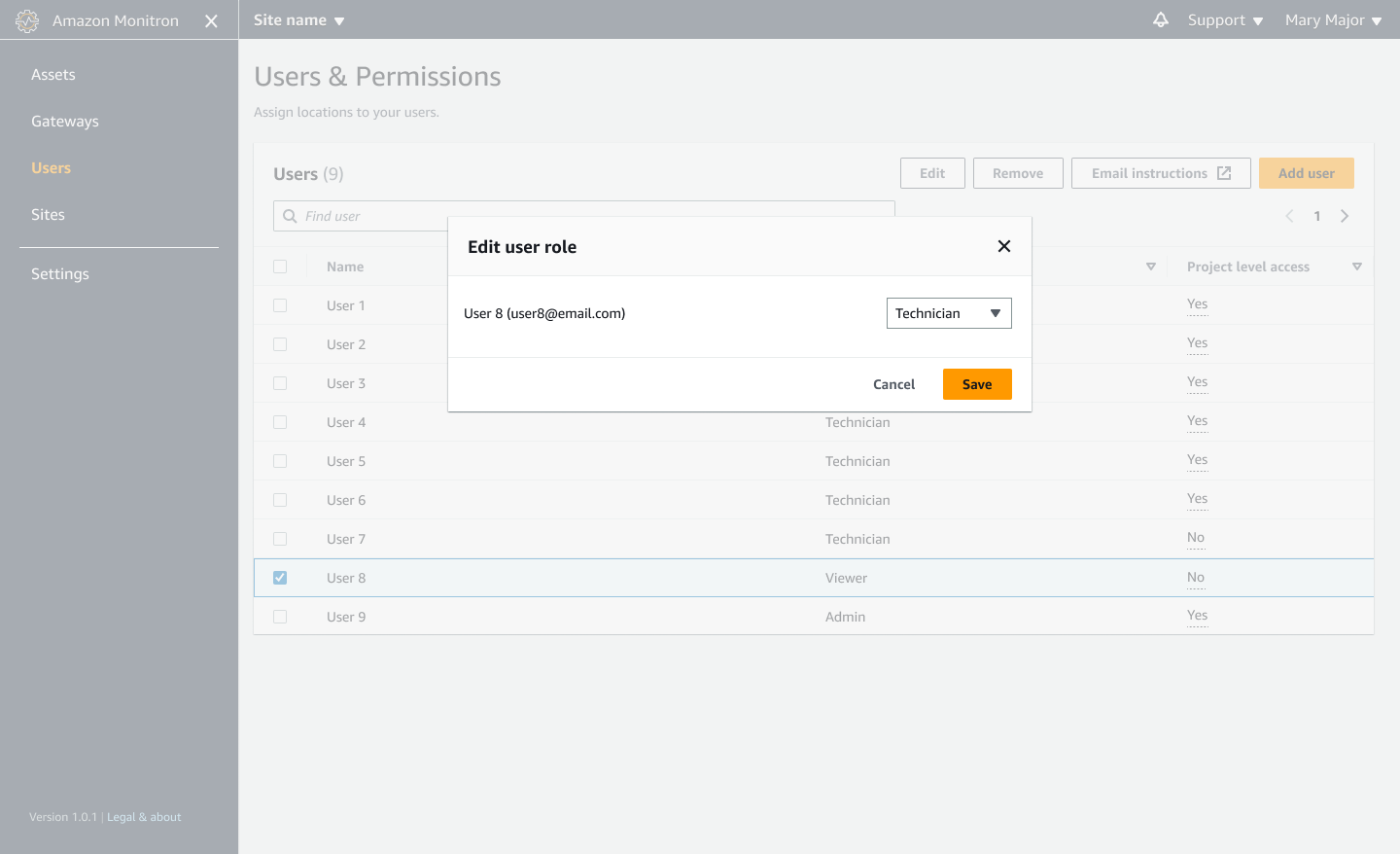 User role editing interface showing options to change a user's role to Technician.