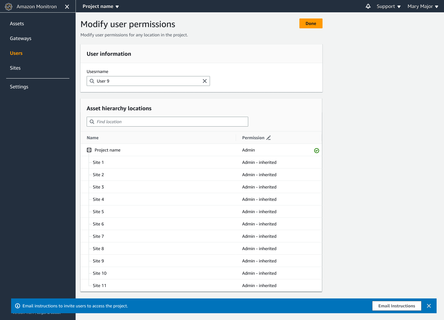 User permissions interface showing admin access for project and inherited admin rights for multiple sites.