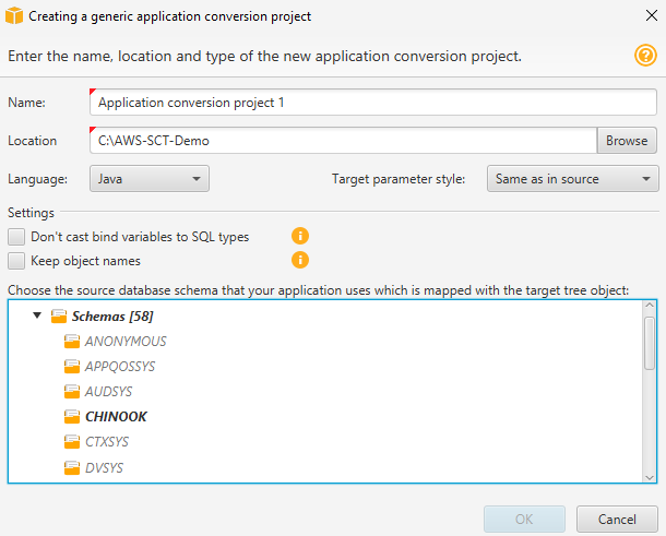 Dialogfeld "New application conversion project" (Neues Anwendungskonvertierungsprojekt)