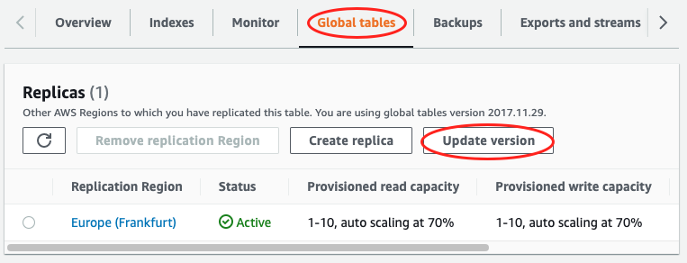 Screenshot der Konsole mit der Schaltfläche „Update version“ (Version aktualisieren)