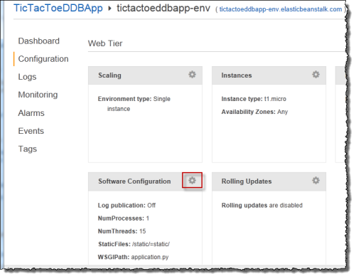 Tic-tac-toe Anwendungs-Screenshot mit dem Zahnradsymbol neben der Softwarekonfiguration.