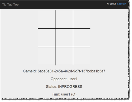 Screenshot eines leeren tic-tac-toe Rasters mit dem Spielstatus in Bearbeitung.