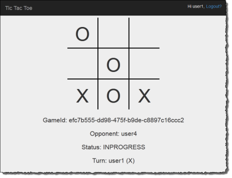 Screenshot, der ein tic-tac-toe laufendes Spiel zeigt.