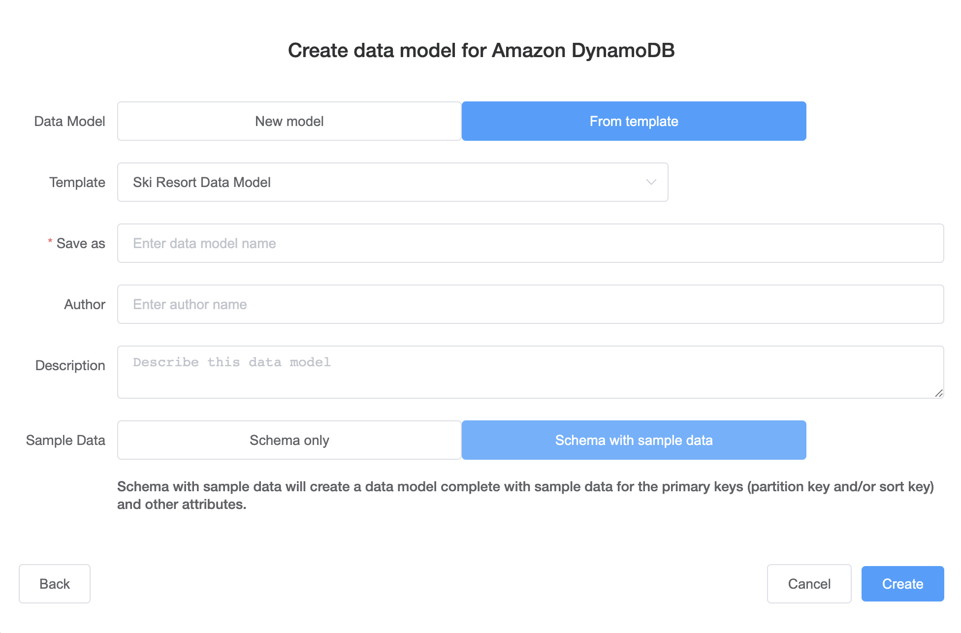 Screenshot der Konsole mit dem Bildschirm „Create model from template“ (Modell anhand von Vorlage erstellen)