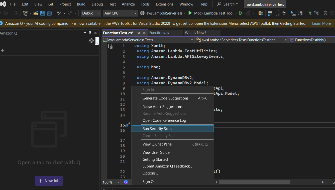 Visual Studio mit der Amazon Q-Taskleiste mit der Option „Sicherheitsscan ausführen“