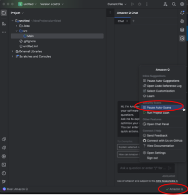JetBrains (IntelliJ) mit roten Kreisen, die „Amazon Q“ am unteren Rand des Fensters anzeigen, und dem entsprechenden Drop-down-Menü, in dem „Vorschläge für Pause“ als Auswahl angezeigt werden