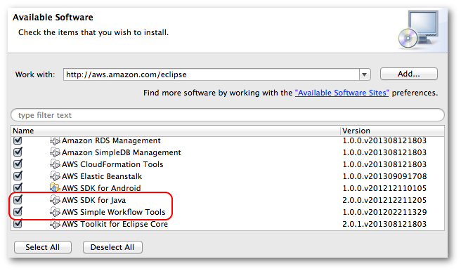 Installieren desAWS Toolkit for Eclipseeinschließlich des SDK for Java und Amazon SWF Tools