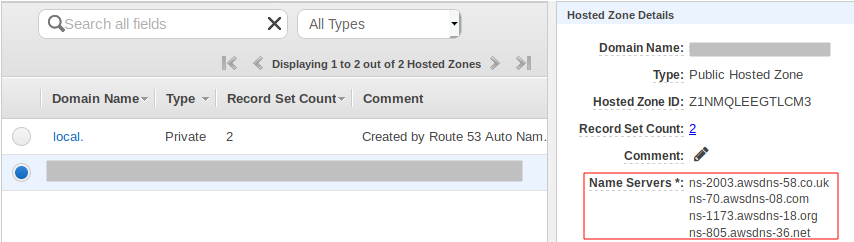 Der Abschnitt Hosted Zone Details in der Route 53 53-Konsole, in dem die Nameserver-Werte angezeigt werden.