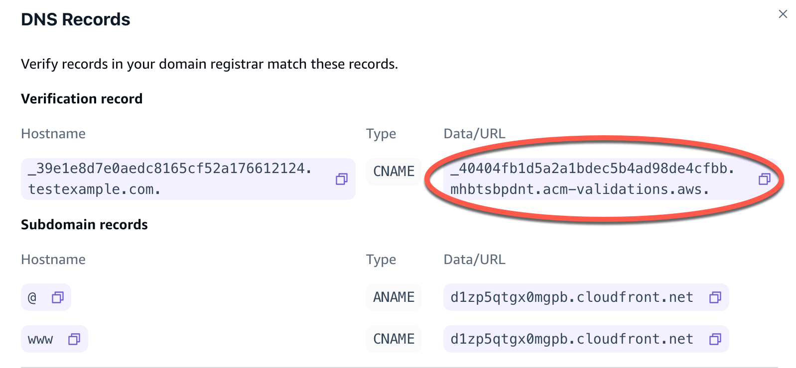 Die DNS Aufzeichnungen in der Amplify-Konsole, einschließlich des ACM Bestätigungsdatensatzes.