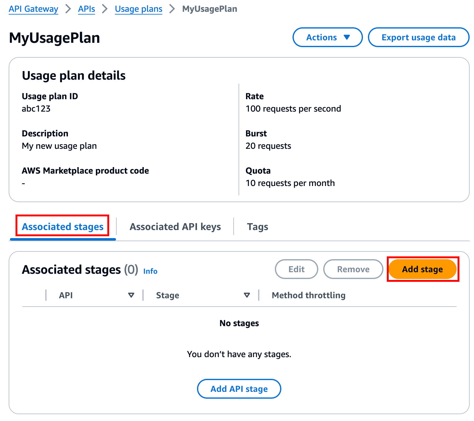 Fügen Sie einem Nutzungsplan eine API-Stufe hinzu.