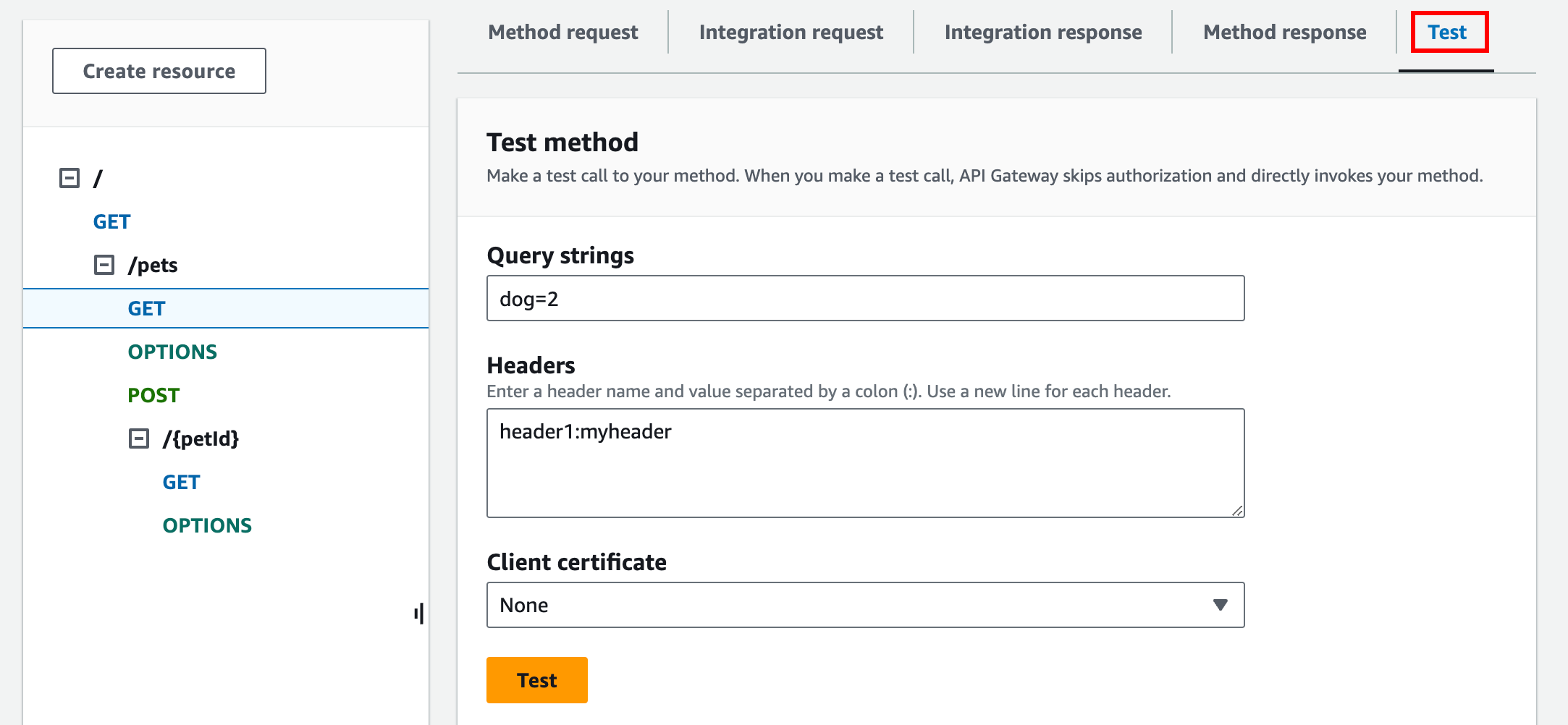 Verwenden Sie den Test-Tab, um Ihre API zu testen. Sie befindet sich neben der Registerkarte Methodenantwort.