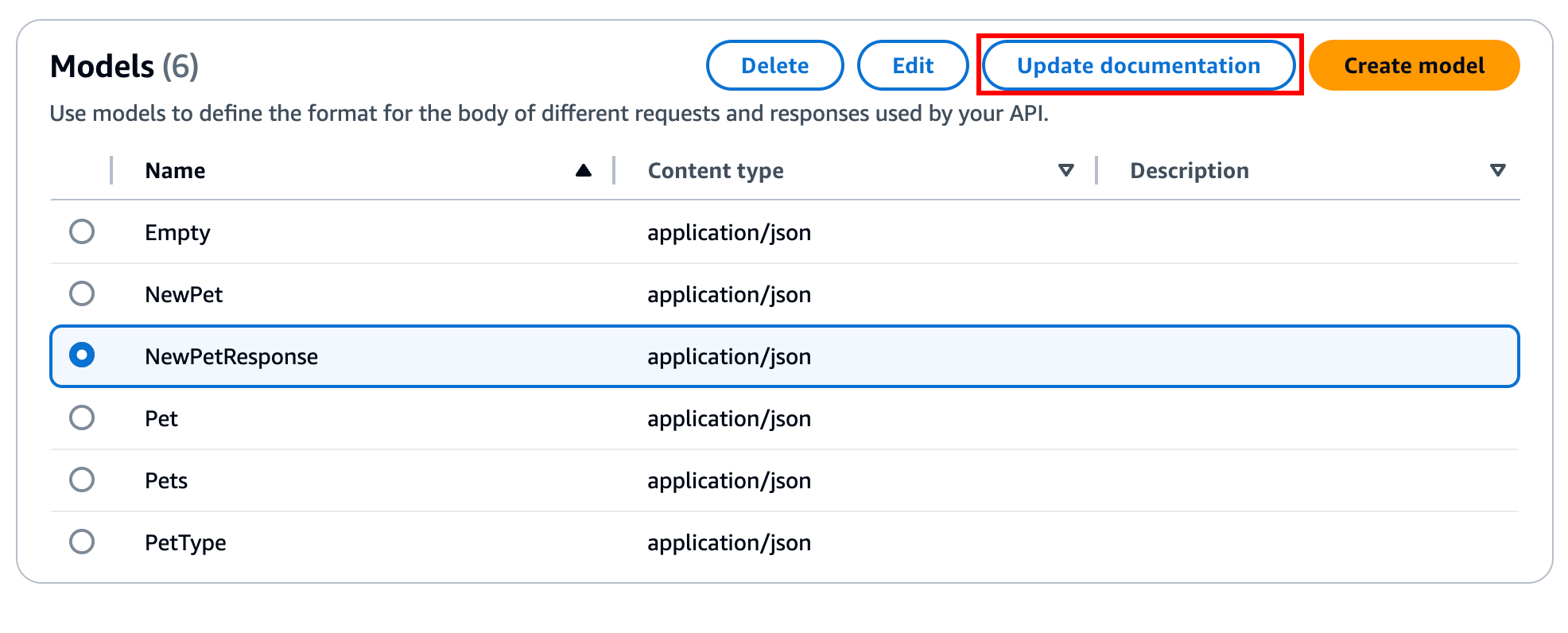 Bearbeiten der Dokumentation für die Modellentität in der API Gateway-Konsole