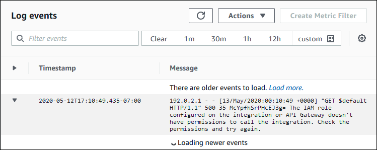 CloudWatch Protokolliert den Protokolleintrag mit der Integrationsfehlermeldung von Lambda.