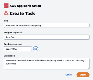 Create Task form with fields for title, assignee, due date, and description for a finance meeting task.