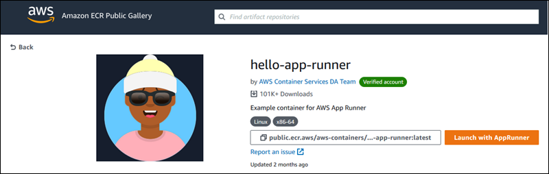 Die öffentliche Galerie von Amazon ECR zeigt eine Container-Image-Seite mit einer Schaltfläche „Mit App Runner starten“