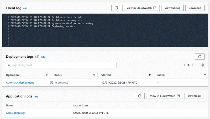 Die Registerkarte Logs auf der App Runner Service-Dashboard-Seite