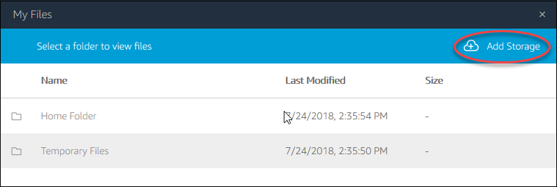 File management interface showing Home Folder and Temporary Files with Add Storage option.