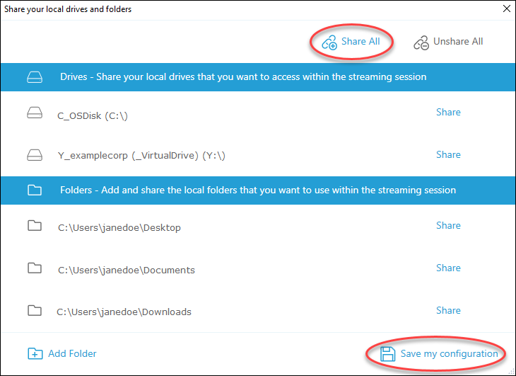 Dialog box for sharing local drives and folders with options to share all or save configuration.