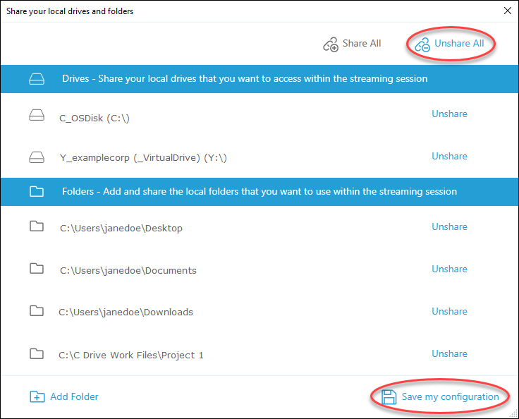 Interface for sharing local drives and folders with options to unshare and save configuration.