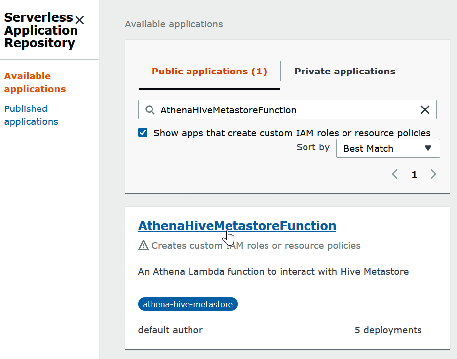 Auswahl des Namens des Athena-Datenquellen-Connectors für Hive.