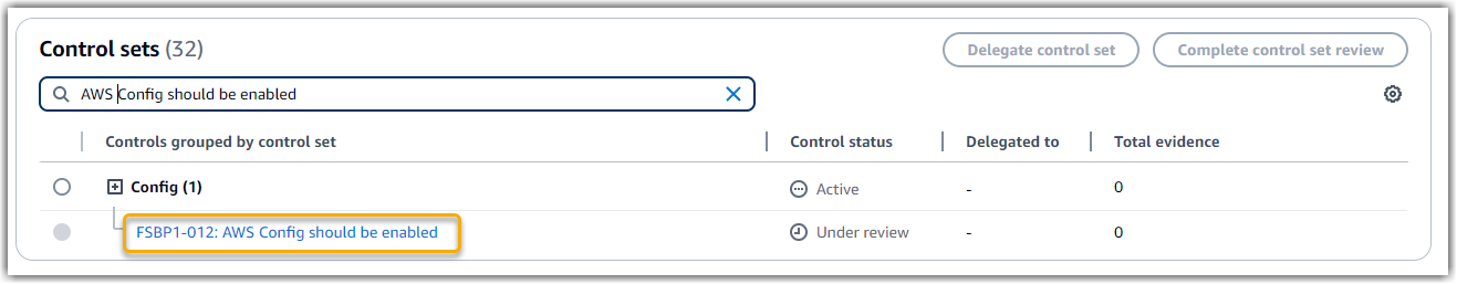 Screenshot, der die Security Hub CSPM-Steuerung in einer Bewertung zeigt.