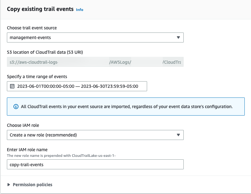 Wählen Sie Optionen für das Kopieren von CloudTrail Ereignissen