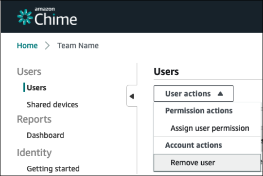 Wählen Sie bei der Verwaltung eines Teamkontos im Menü Aktion die Option Benutzer entfernen