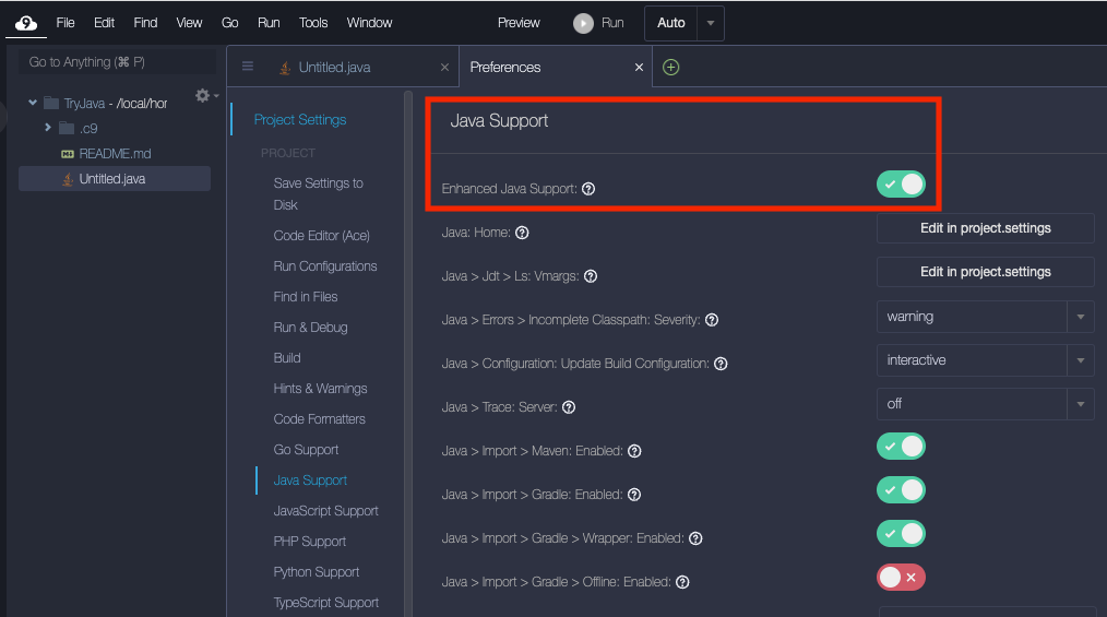 Manuelles Aktivieren und Deaktivieren des erweiterten Java-Supports