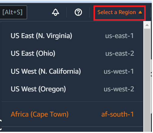 AWS Regionsauswahl in der Konsole AWS Cloud9