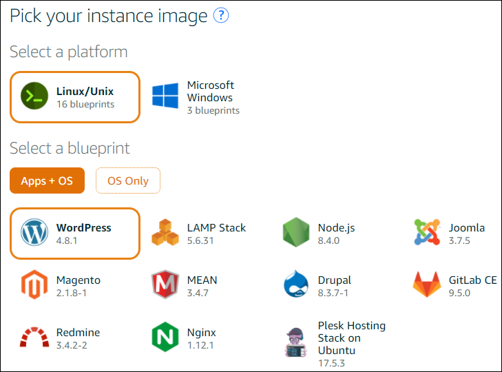 Auswahl einer Instance-Plattform und Vorlage in der Lightsail-Konsole