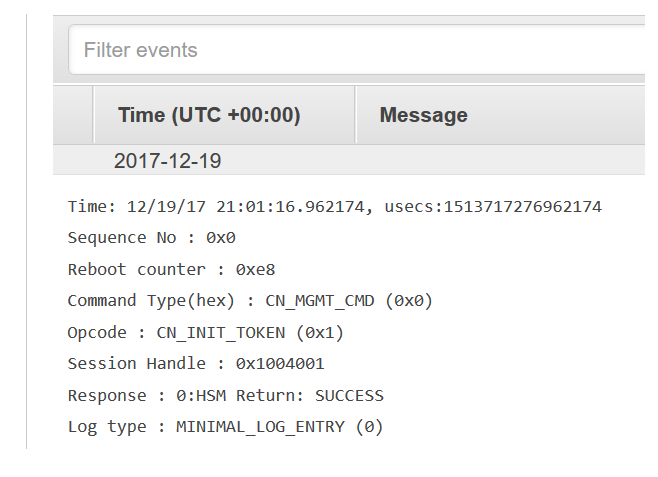 Ein Ereignis in einem AWS CloudHSM Audit-Protokoll in CloudWatch Logs.