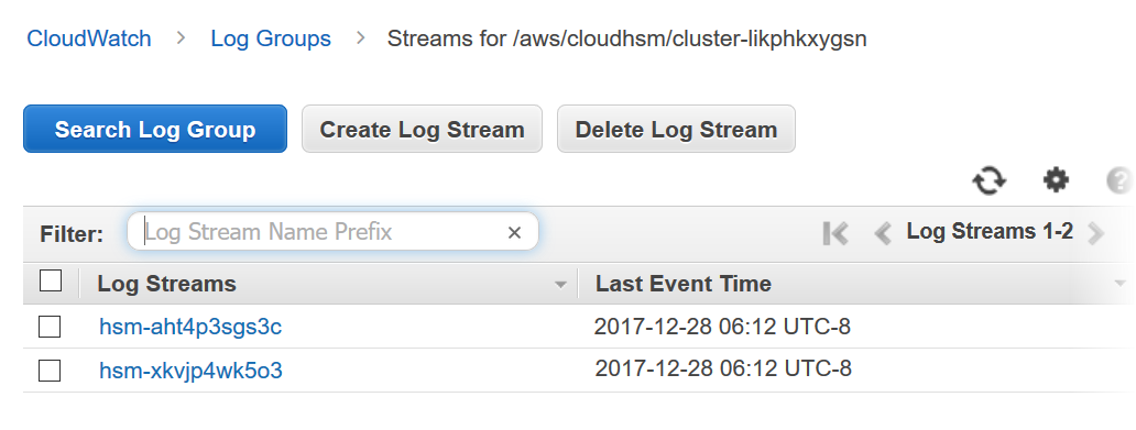 Der Protokollstream für ein HSM in CloudWatch Logs.