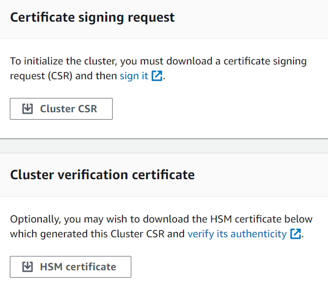 Die Seite mit der Anforderung zum Signieren von Zertifikaten zum Herunterladen in der AWS CloudHSM Konsole.