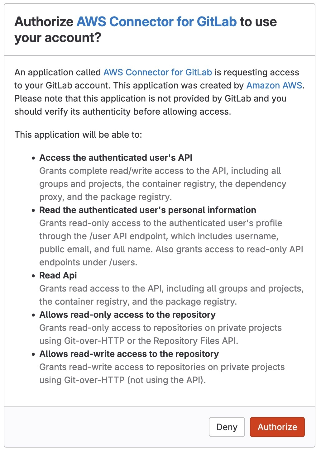 Screenshot mit der Nachricht zur Autorisierung der Verbindung für Ihr GitLab Konto.