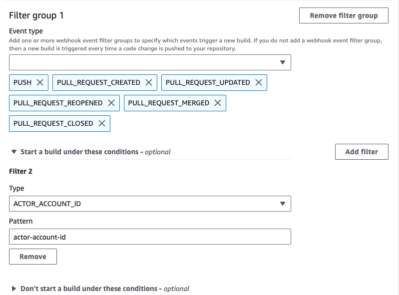 Eine Webhook-Filtergruppe, die nur dann einen Build auslöst, wenn eine Änderung von einem angegebenen GitHub Benutzer mit einer Konto-ID vorgenommen wird, die dem regulären Ausdruck entspricht.