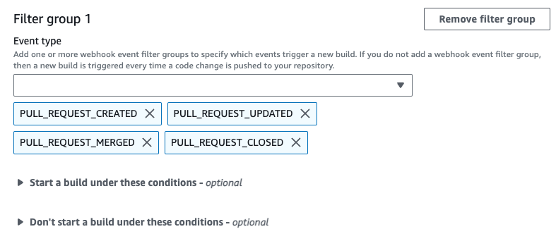 Eine Webhook-Filtergruppe, die einen Build nur für Pull-Requests auslöst.